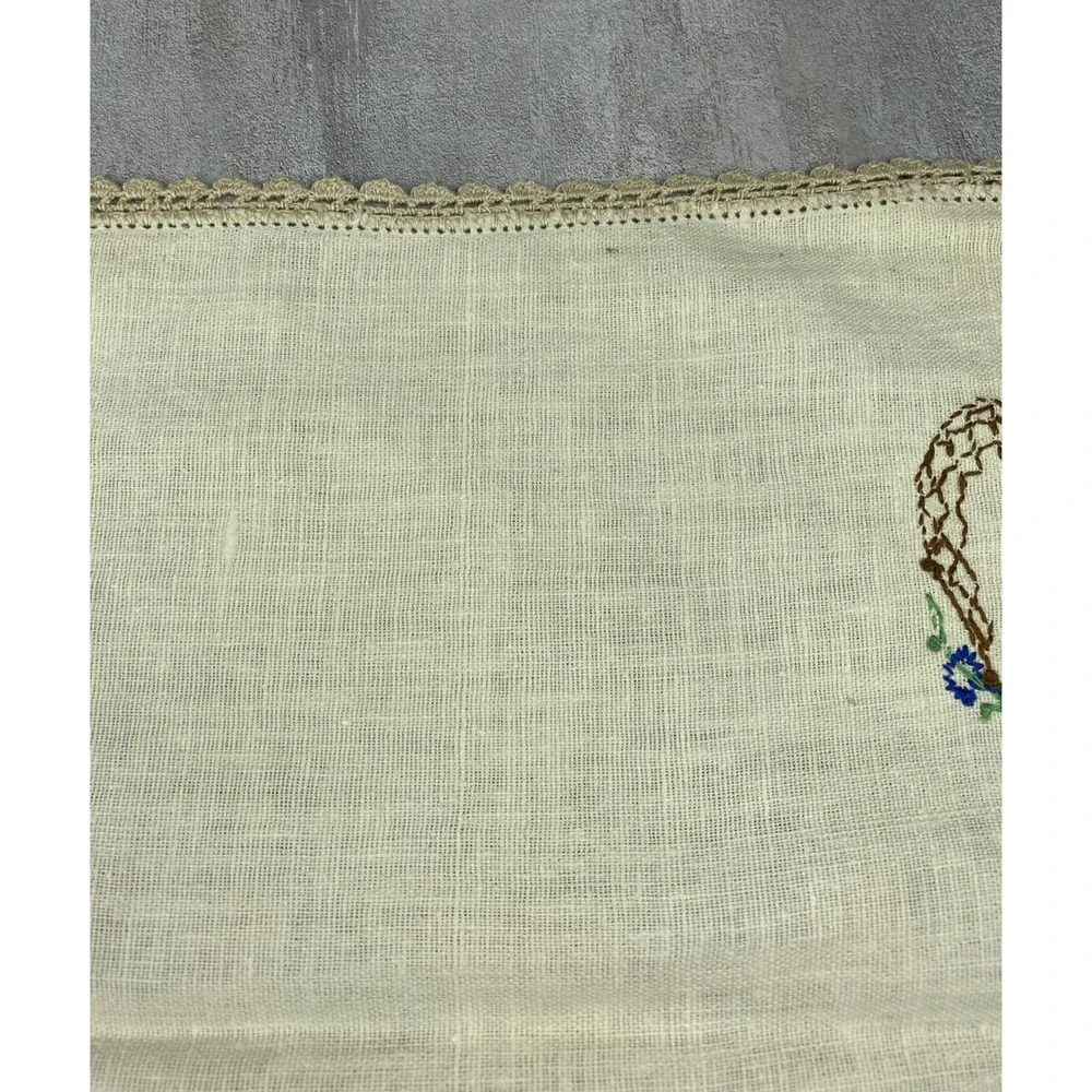 Vintage Beige Linen Embroidered Floral Couch Arm Covers Decor Crochet Set 3